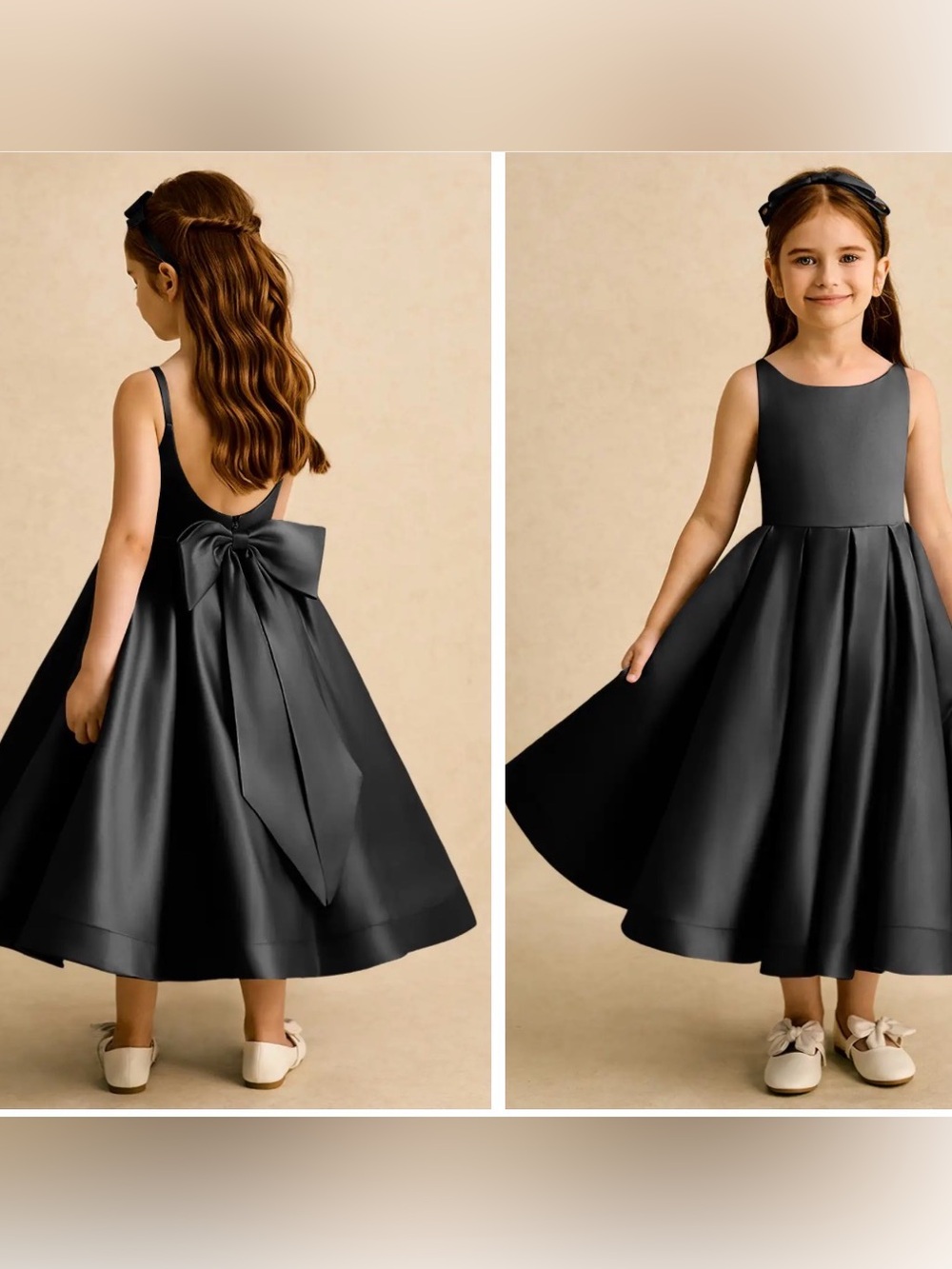 Azazie Babs 
Black Satin Junior Flower Girl Dress with Low Back Bow